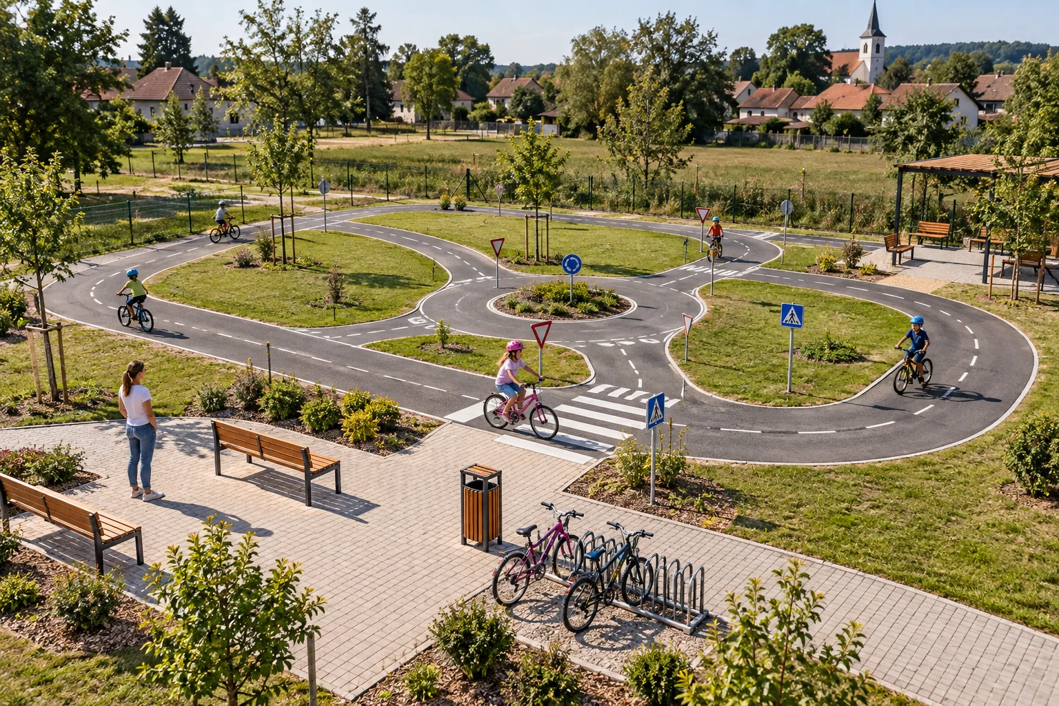 Látványterv: gyermekkerékpáros park kis utakkal, néhány fával és padokkal